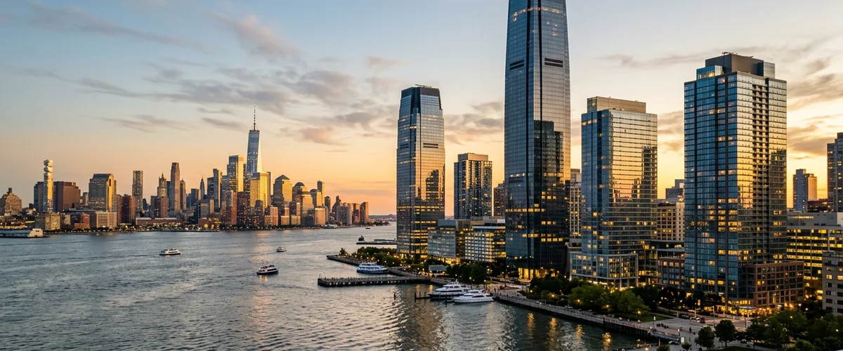 Jersey City New Jersey waterfront financial district skyline along the Hudson River at golden hour with the Manhattan skyline in the distance