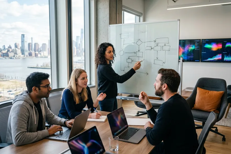 Small fintech engineering team collaborating over laptops and a glass whiteboard in a modern Jersey City office
