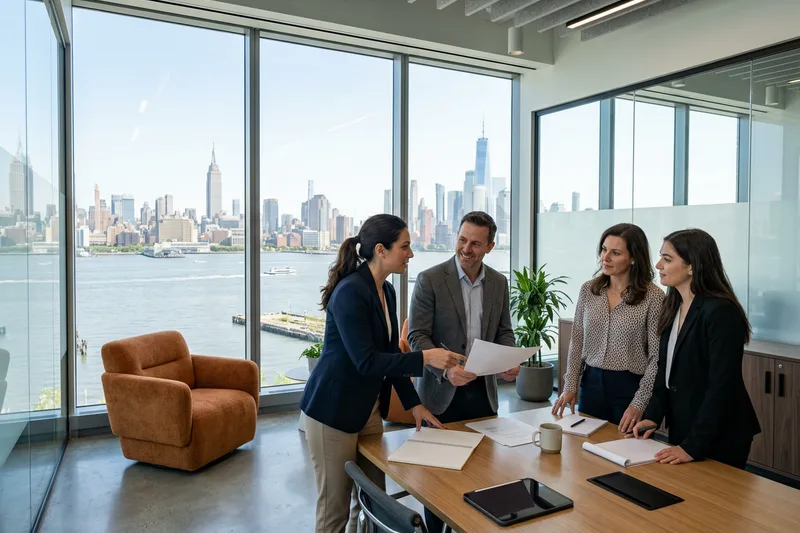 Business professionals collaborating in a bright Jersey City waterfront office tower with the Hudson River and Manhattan visible through the windows