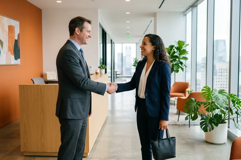Hiring manager welcoming a new employee with a handshake in a bright Jersey City office reception area