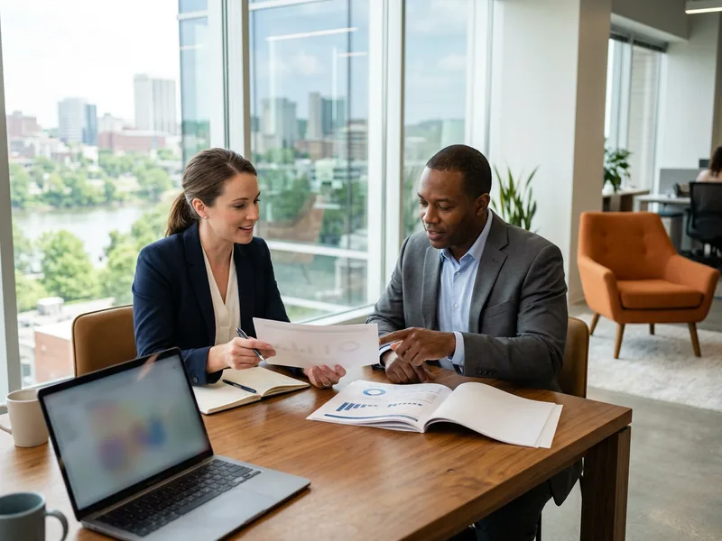 Finance team reviewing quarterly reports in a modern Knoxville office