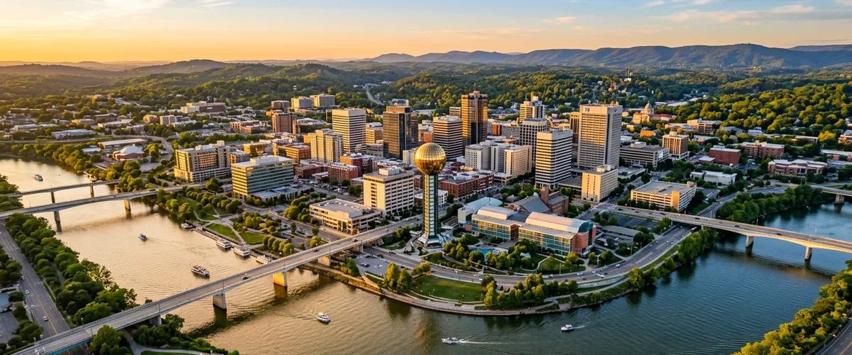 Knoxville, Tennessee downtown skyline along the Tennessee River with the Sunsphere