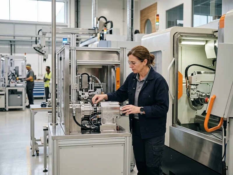 Advanced manufacturing engineer inspecting equipment on a production floor near Oak Ridge, Tennessee