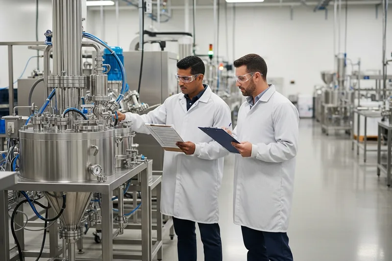 Engineers in safety glasses inspecting precision equipment in a clean North Jersey advanced manufacturing facility