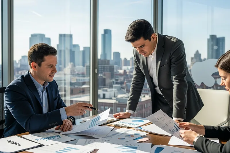 Finance and insurance professionals reviewing printed reports at a conference table in a downtown Newark high-rise