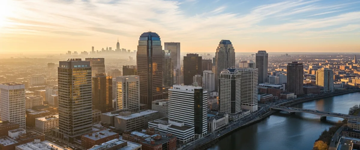 Downtown Newark New Jersey skyline at golden hour along the Passaic River with the Manhattan skyline visible in the distance