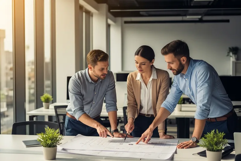 Small technology team collaborating over a printed diagram in a modern Newark office