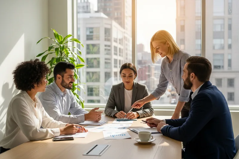 Business professionals collaborating in a bright downtown Newark office tower with the city visible through the windows
