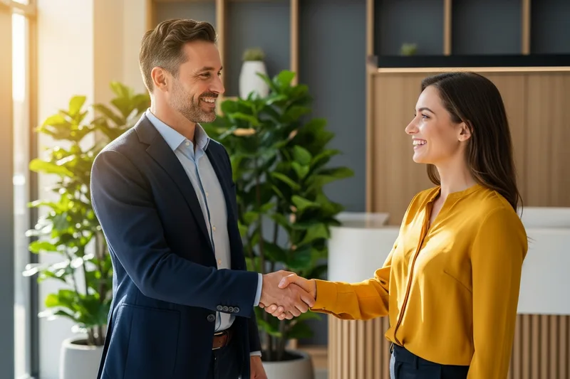 Hiring manager welcoming a new employee with a handshake in a bright Newark office reception area
