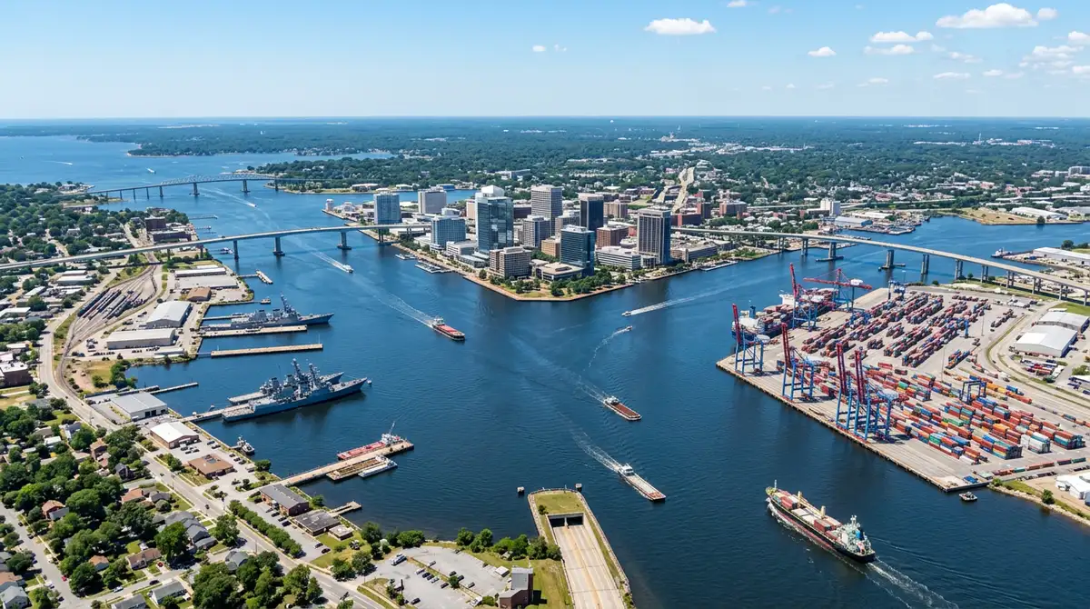 High aerial daytime view of the Norfolk Virginia harbor where the Elizabeth River meets Hampton Roads, showing the downtown skyline, container terminals with gantry cranes, naval gray warships at the waterfront, and the tunnels and bridges crossing the water under a clear sky