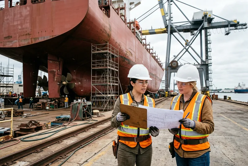 Two engineers in hard hats and high-visibility vests reviewing plans on a tablet beside a dry-docked ship hull and gantry crane at a marine repair yard on the Elizabeth River in Norfolk Virginia, with steel scaffolding and orange safety accents under bright daylight