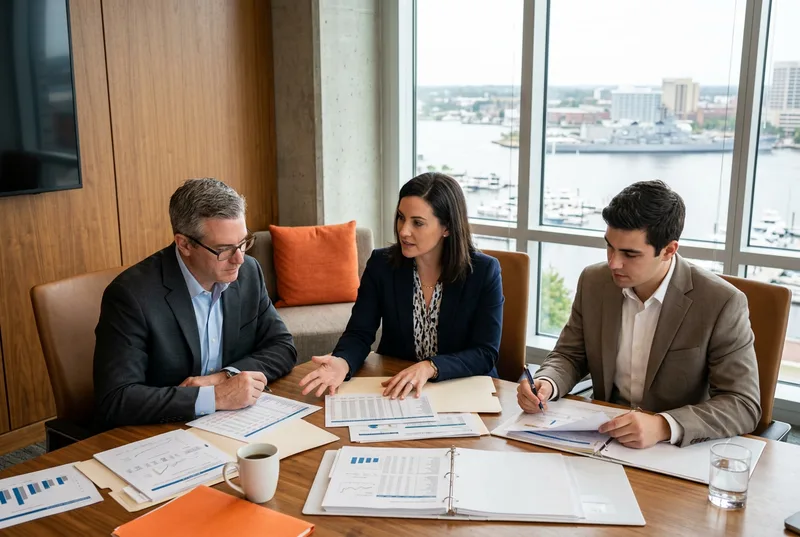 Three finance professionals reviewing financial data on monitors at a conference table inside a modern downtown Norfolk Virginia office tower, with warm wood paneling, an orange accent, and large windows overlooking the Elizabeth River and the harbor