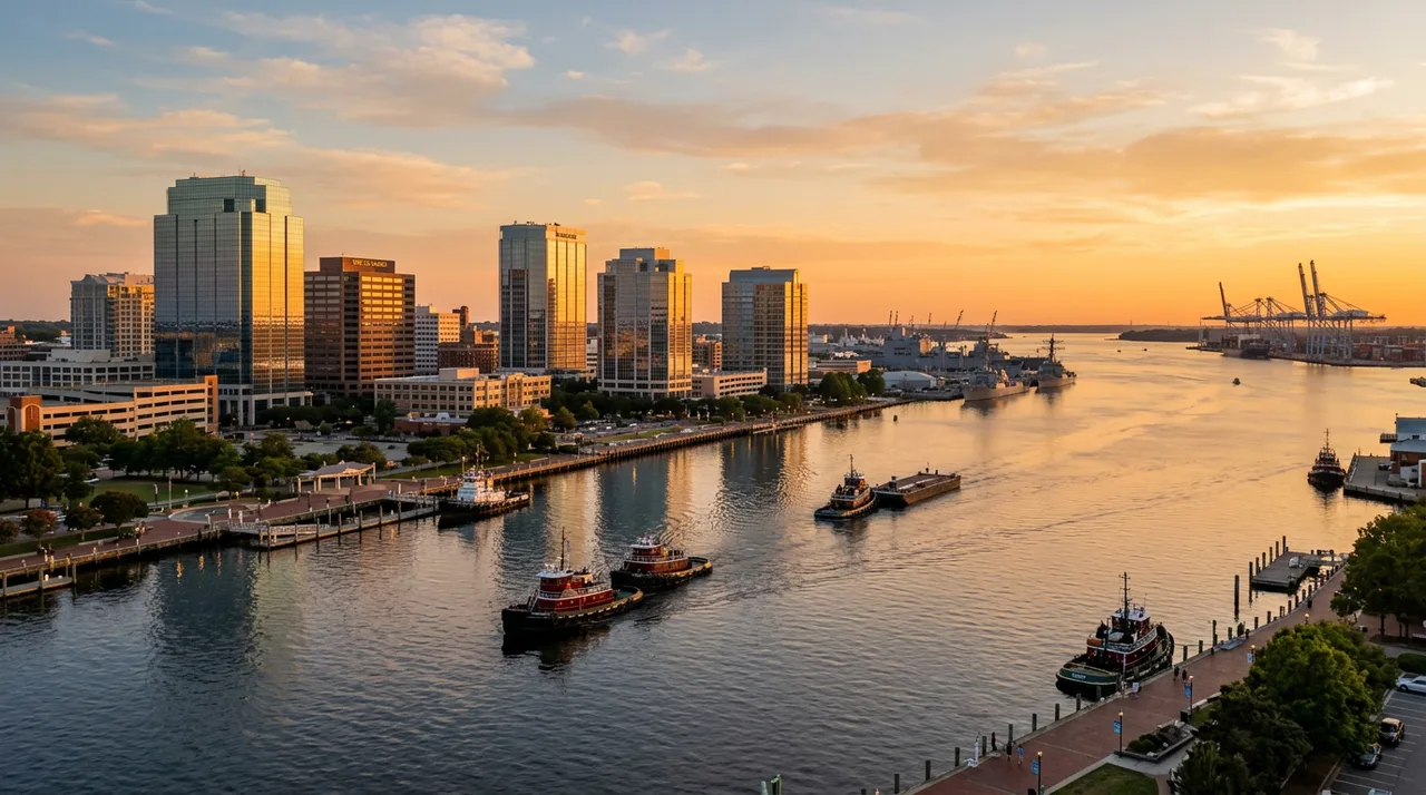 Golden-hour view of the downtown Norfolk Virginia skyline along the Elizabeth River, with harbor tugs and container cranes in the distance, naval gray ships anchored downriver, and warm evening light on the waterfront towers