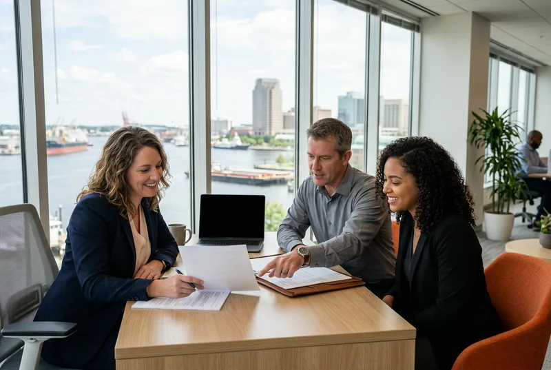 A small technology team of three IT professionals collaborating at multi-monitor workstations inside a bright modern downtown Norfolk Virginia office, with tall windows overlooking the Elizabeth River, warm afternoon light, and an orange accent chair