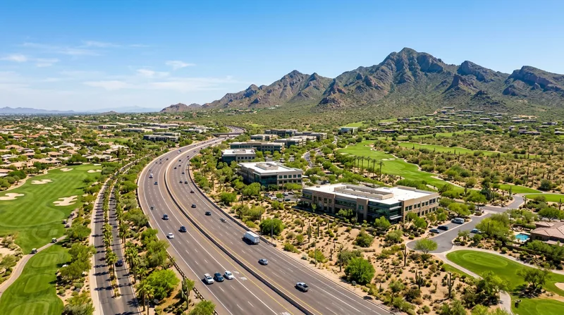 Aerial daytime view of Scottsdale Arizona showing desert-modern office buildings and green resort golf fairways along the Loop 101 corridor with the McDowell Mountains rising in the background