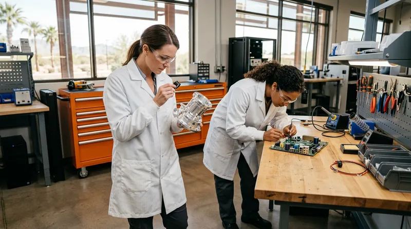 Two engineers in white anti-static coats inspecting a precision machined aerospace component and circuit assembly on a workbench in a modern Scottsdale Arizona electronics and aerospace lab