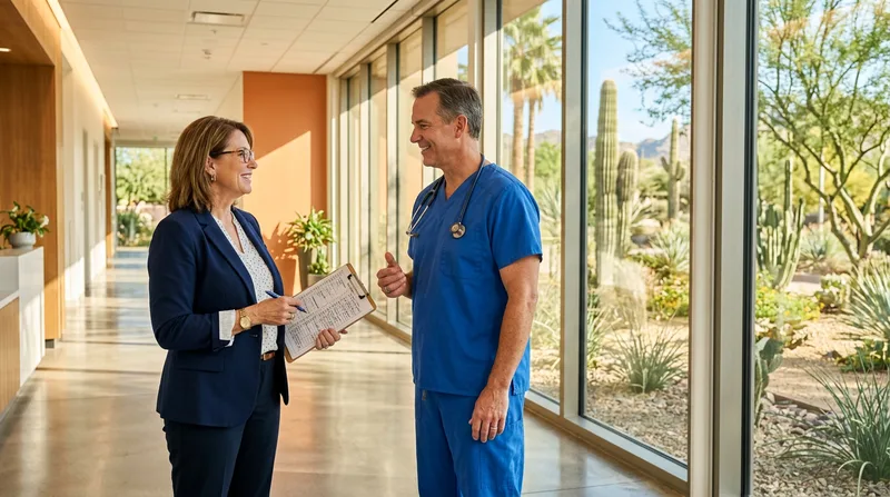 A healthcare administrator in business attire and a physician in scrubs talking in a bright modern Scottsdale Arizona medical center corridor with desert landscaping visible through large windows