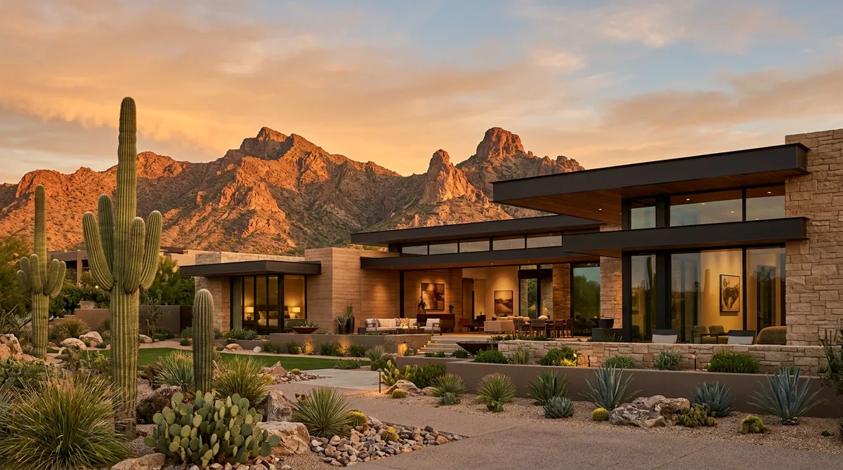 The McDowell Mountains glowing at golden hour behind sleek desert-modern sandstone and glass architecture and mature saguaro cacti in Scottsdale Arizona