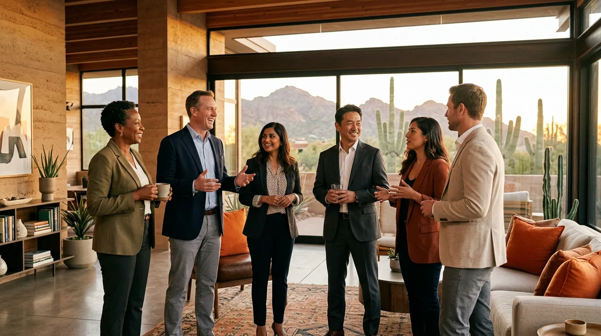 A diverse group of business professionals from healthcare finance technology and hospitality talking together in a stylish desert-modern loft in Scottsdale Arizona with the McDowell Mountains and saguaros visible through large windows at sunset