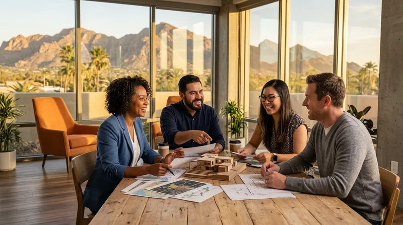 A diverse team of technology professionals collaborating around a light wood table in a bright modern Scottsdale Arizona office with the McDowell Mountains visible through floor to ceiling windows at golden hour
