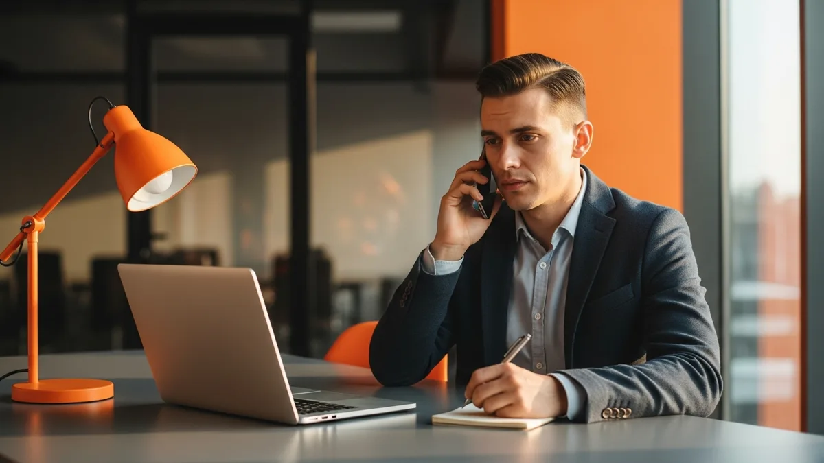 Startup founder making a reference-check phone call and taking notes before an engineering hire