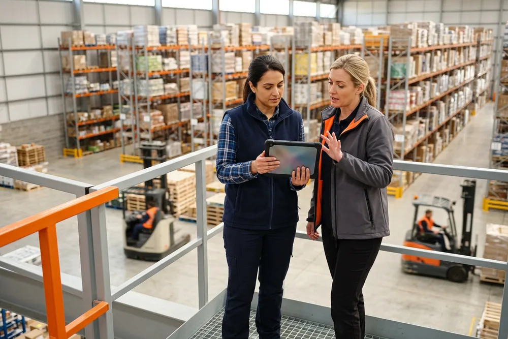 Distribution center operations manager and a demand planner reviewing inventory flow on a tablet on a mezzanine overlooking pallet racking and forklifts with orange safety accents