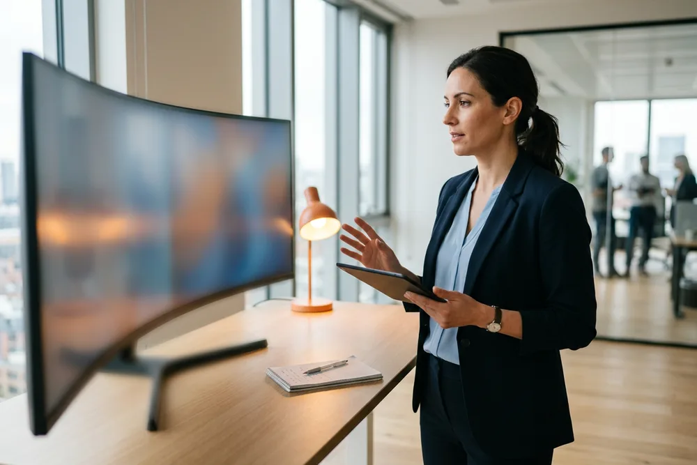 Supply chain operations manager reviewing a logistics control-tower dashboard on a curved monitor in a modern operations office