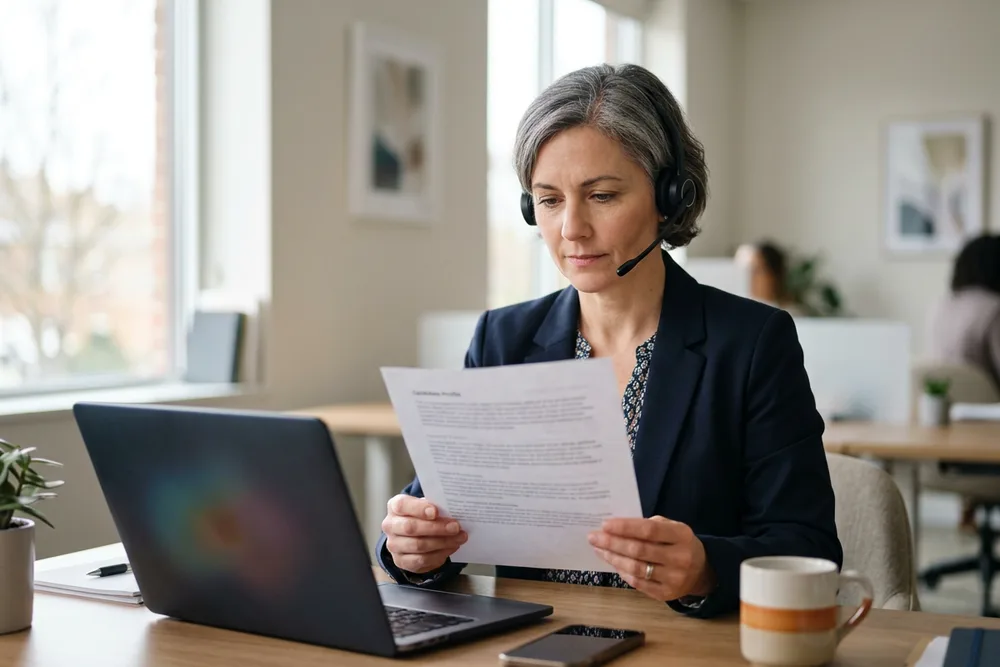 Experienced KORE1 senior recruiter wearing a headset reviewing a supply chain candidate's planning and procurement history on a tablet in a modern office