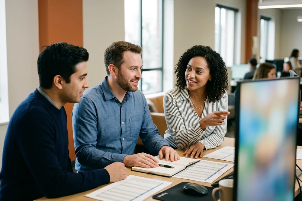 Three supply chain professionals collaborating around a shared monitor reviewing an S&OP demand-planning chart and a transportation route map in a modern operations office