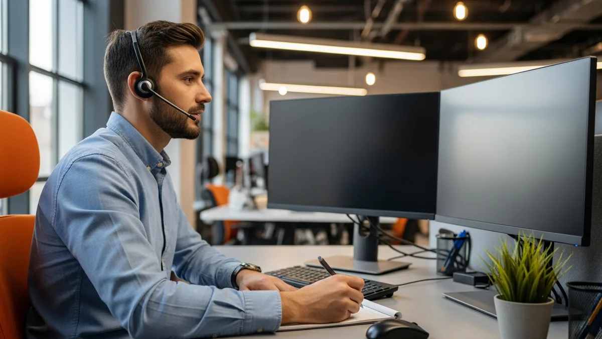 Technical recruiter wearing a headset taking notes during a candidate screening call