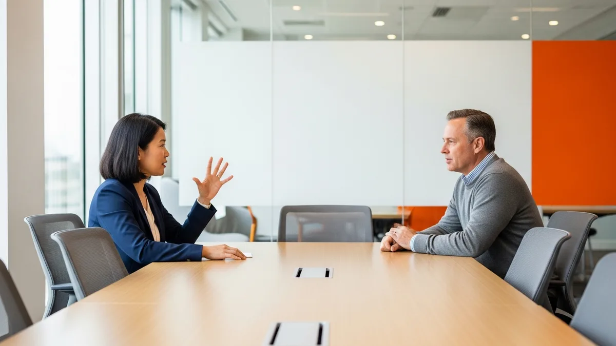 Two talent acquisition leaders discussing technical recruiter compensation across a conference table