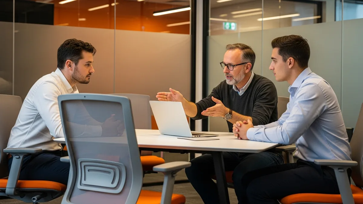 Technical advisor helping a non-technical founder evaluate an engineering candidate work sample in a meeting