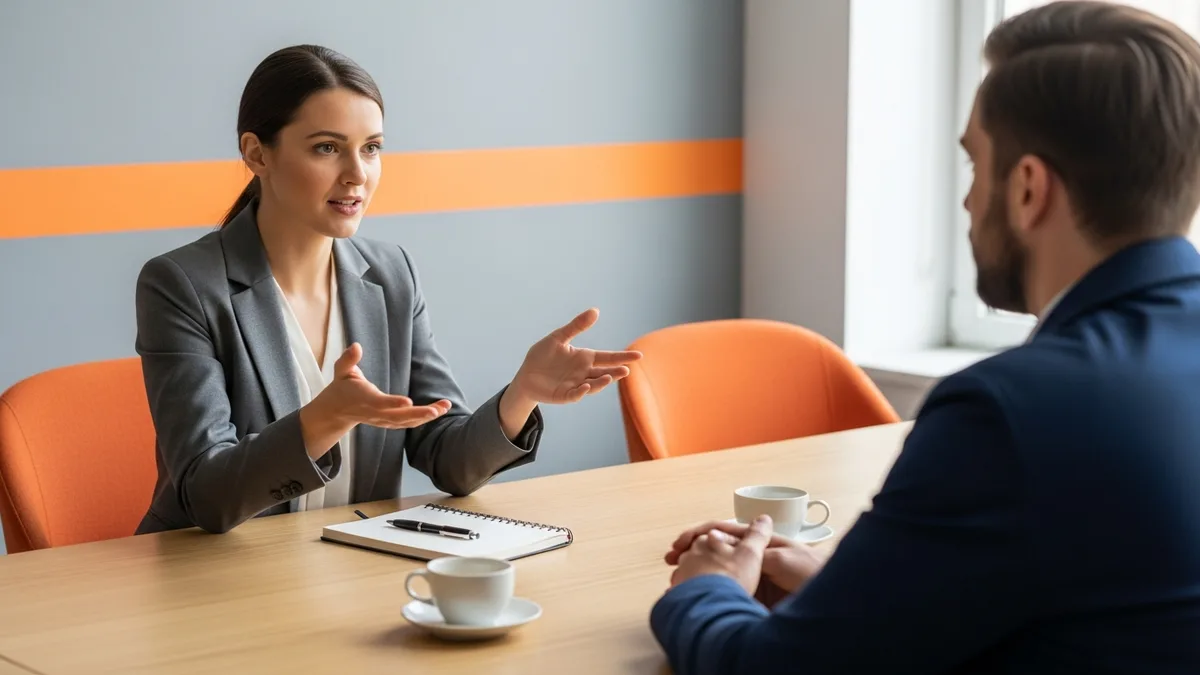 Technical program manager candidate answering questions during a job interview across a table from a hiring manager