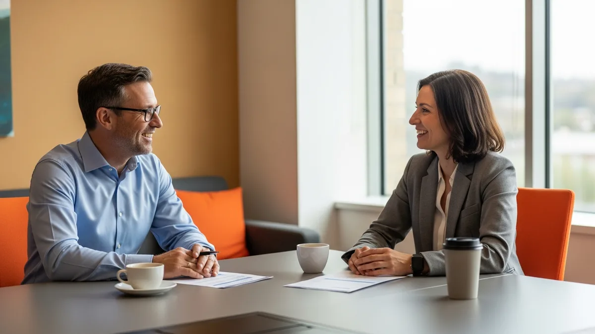 Hiring manager and recruiter discussing a technical program manager candidate during an interview debrief