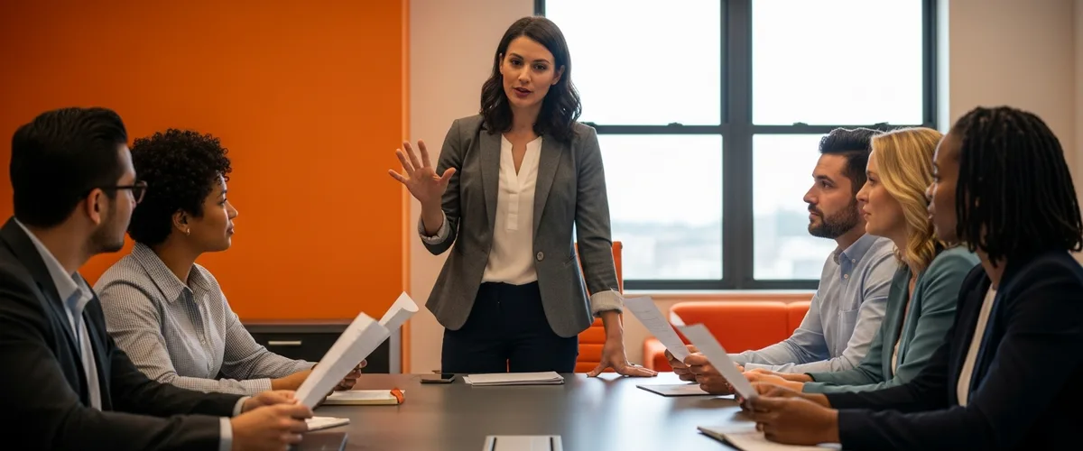 Technical program manager leading a cross-functional program review meeting with her team in a modern office