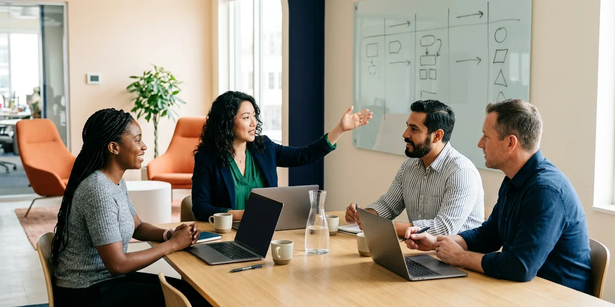 Talent acquisition team debriefing candidates around a table with a glass pipeline board in a tech office