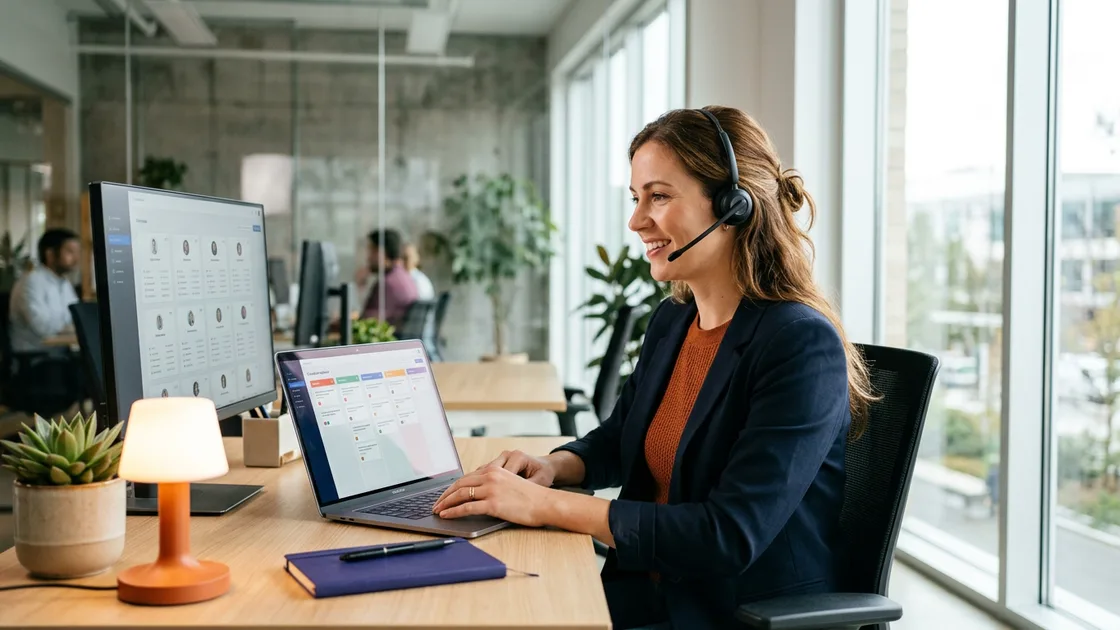 Technical recruiter at a dual-monitor desk working a candidate pipeline board in a bright modern software office