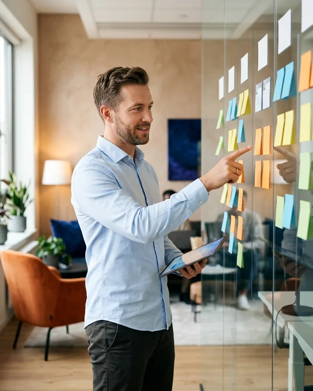 Technical recruiter mapping candidate cards across pipeline columns on a glass wall in a tech office