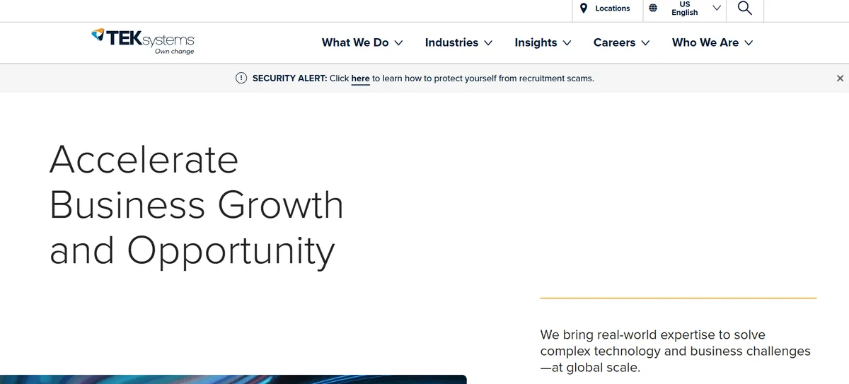 TEKsystems homepage, the largest US IT staffing firm by revenue.