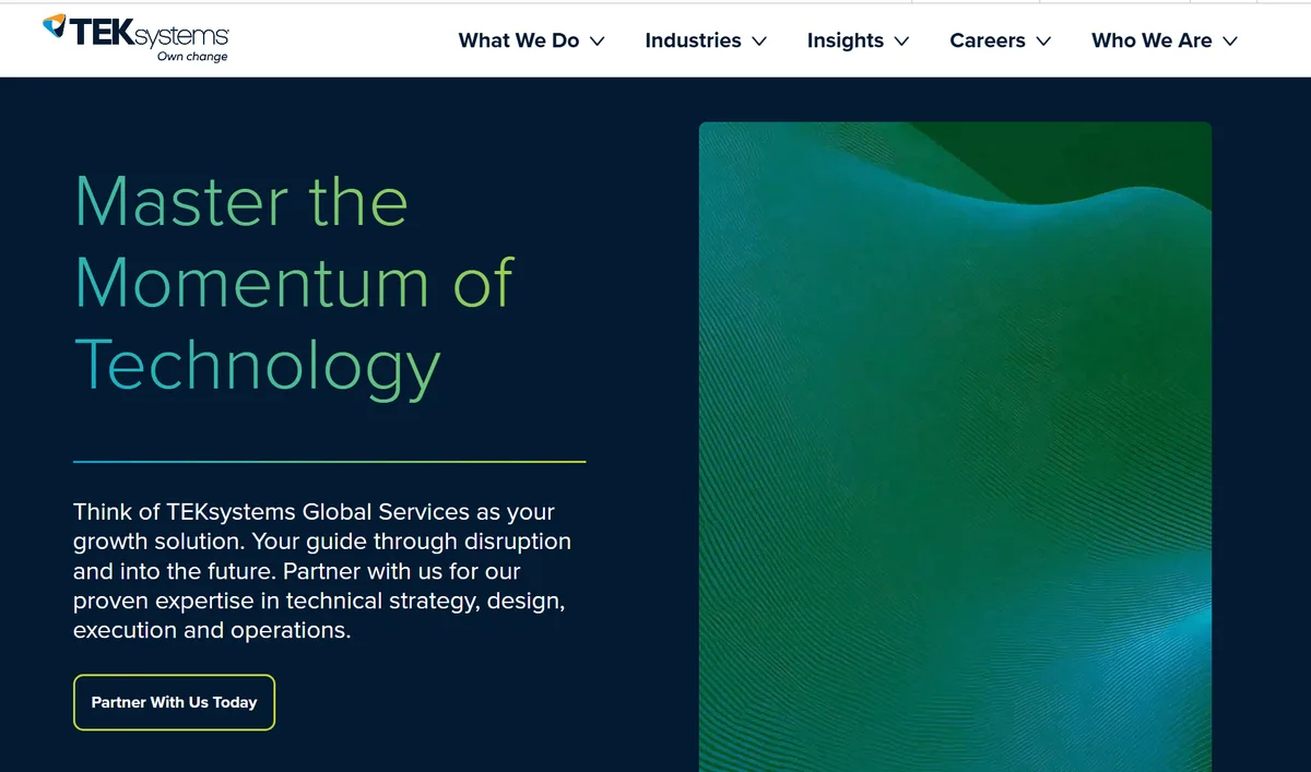 TEKsystems homepage, ranked fourth among IT staff augmentation companies for enterprise infrastructure at scale.