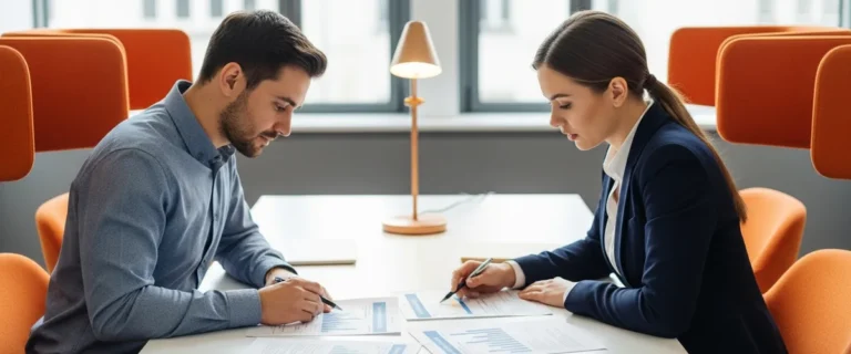 Hiring manager and recruiter reviewing 2026 data scientist time-to-fill benchmarks at an office table