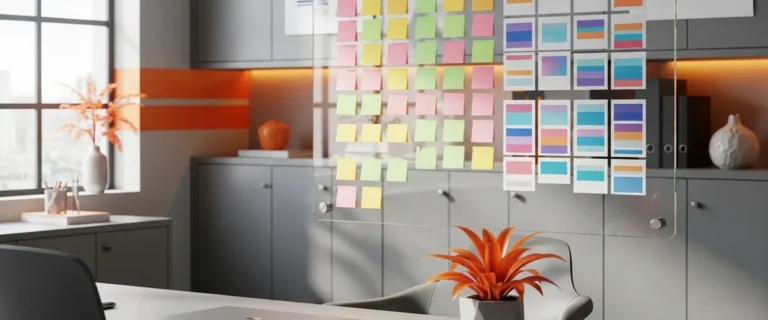 Product manager planning wall with color-coded roadmap cards in a modern office
