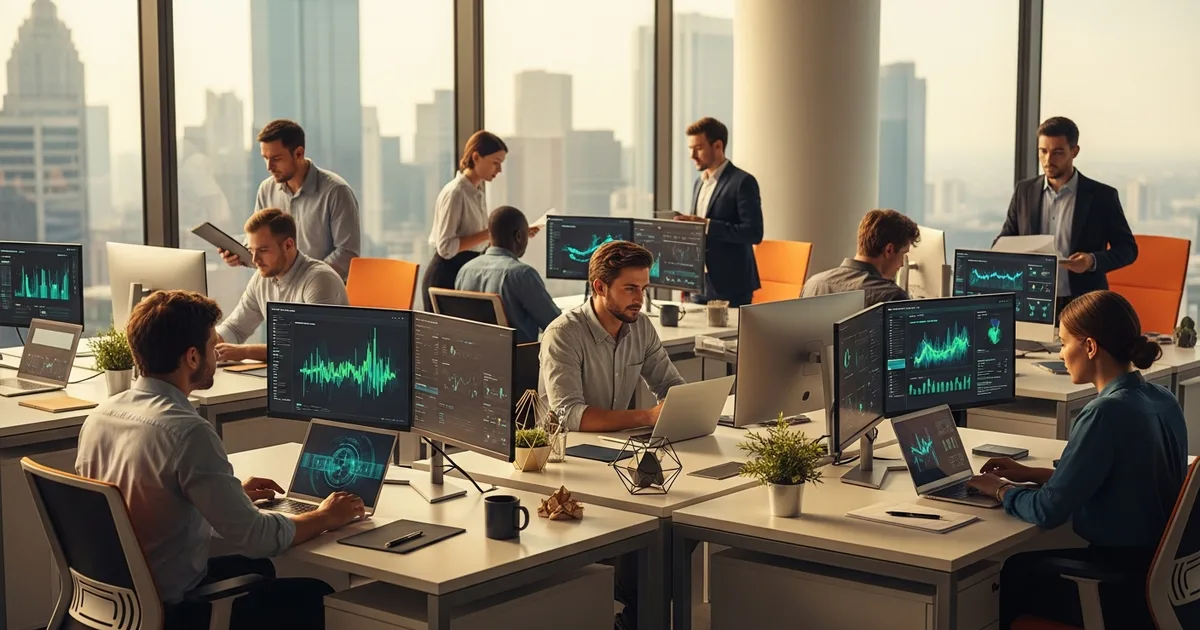 A team of IT staffing recruiters collaborating in a modern technology office with city skyline views, representing KORE1 as the top US IT staffing agency for 2026.