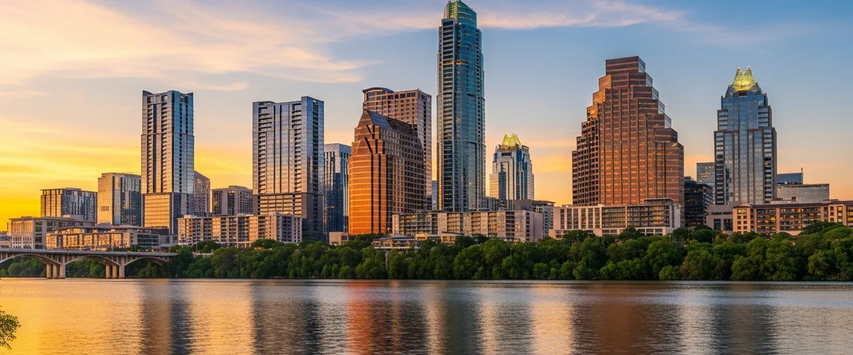 Downtown Austin, Texas skyline at golden hour across Lady Bird Lake