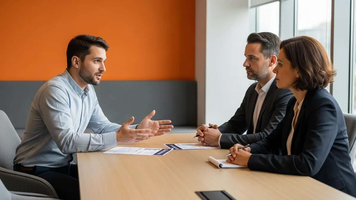 A software developer explaining a design decision to two interviewers across a conference table during a TypeScript developer interview