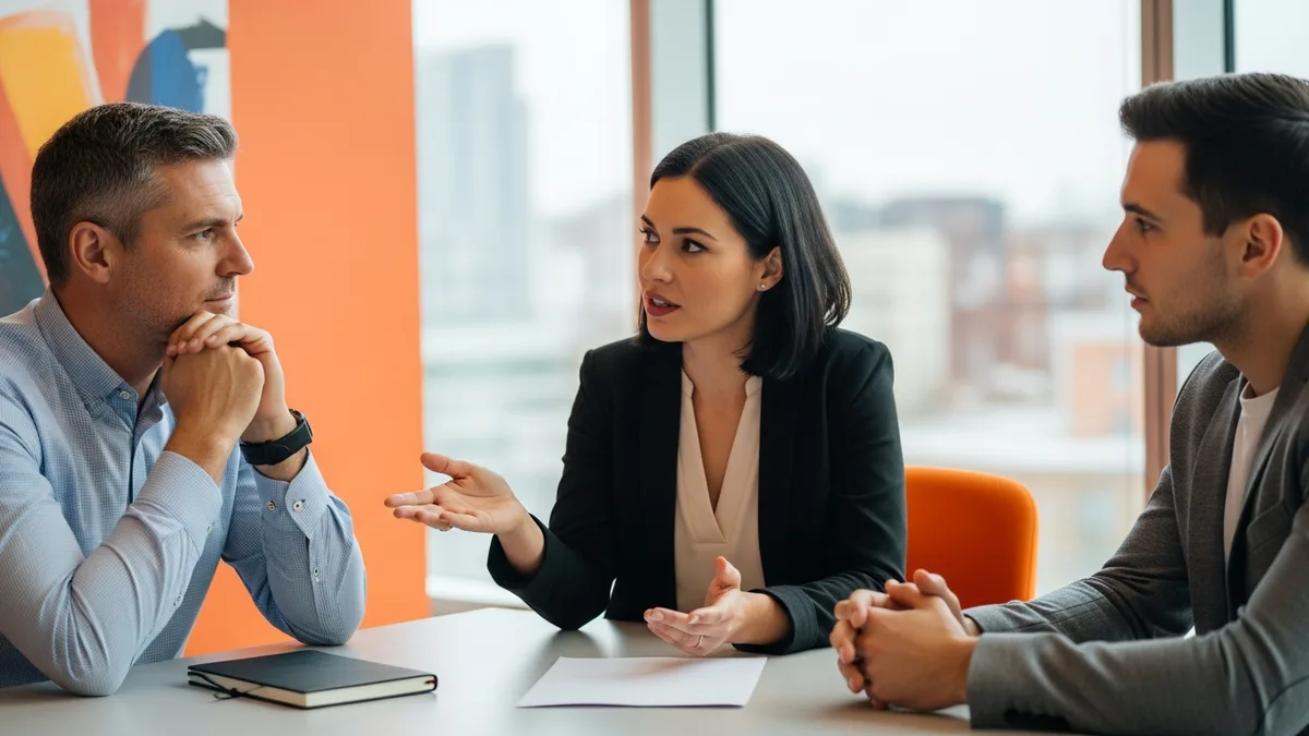 A hiring panel of three discussing a TypeScript developer candidate at an office table