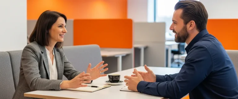 A hiring manager and a software developer in conversation during a technical TypeScript interview in a modern office