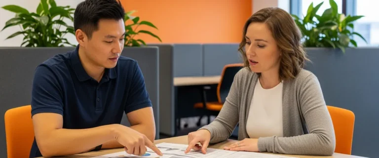 Two professionals reviewing printed 2026 TypeScript developer salary benchmarks at a KORE1 office