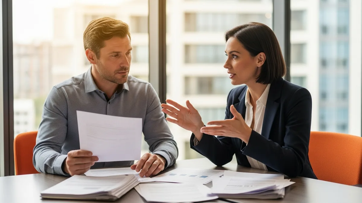 Hiring manager and recruiter discussing TypeScript developer salary and candidates across a conference table