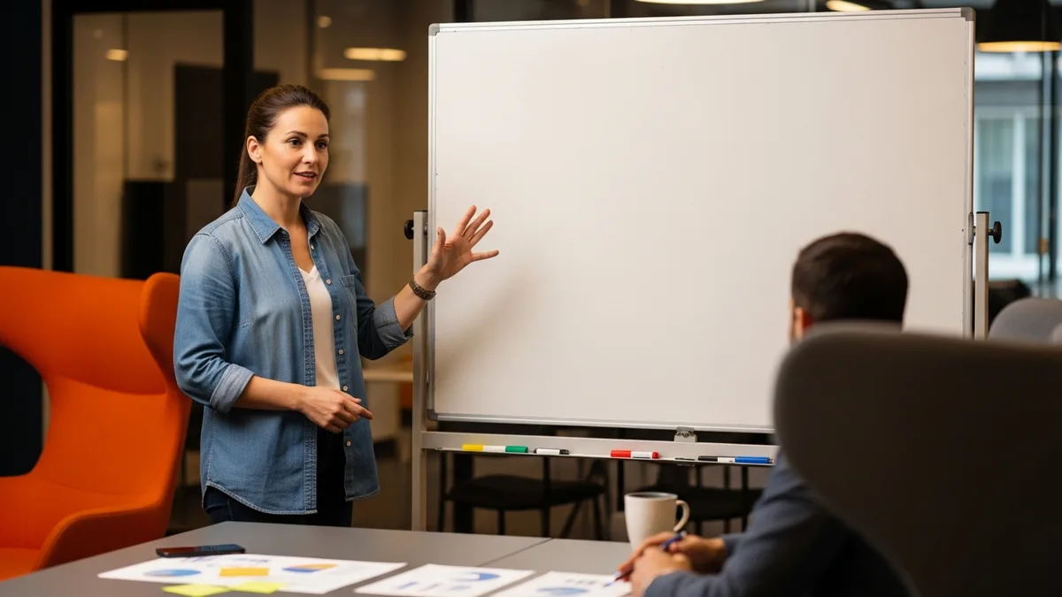 Senior TypeScript engineer gesturing at a whiteboard while leading a team planning session